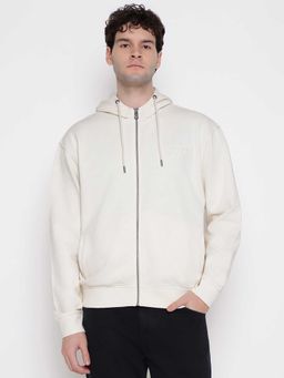 Guess - Men Off White Embossed Text Logo Zipper Hoodie