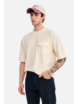 Snitch - Men Beige Textured Half Sleeves Oversized Casual T-shirt