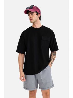 Snitch - Men Black Textured Half Sleeves Oversized Casual T-shirt