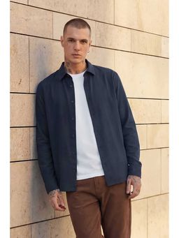 Snitch - Men Navy Blue Textured Full Sleeves Casual Shirt