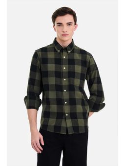 Snitch - Men Olive Checks Full Sleeves Regular Casual Shirt