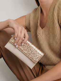 Metro - Women Beige-Gold Embellished Clutch