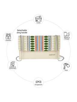 Metro - Women Off White-Green Classic Woven Clutch with Detachable Chain