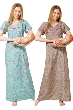 PIU - Women's Premium Cotton Feeding Nighty Pack of 2 - Blue Brown (M)