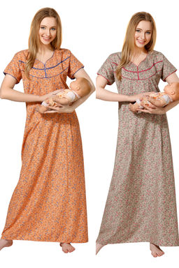 PIU - Women's Premium Cotton Feeding Nighty Pack of 2 - Orange Brown (M)
