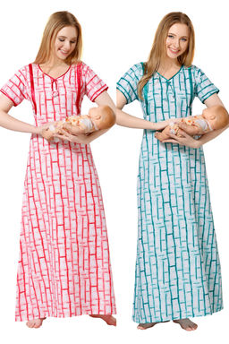 PIU - Women's Premium Cotton Feeding Nighty - Combo Pack - Pink Green (M)