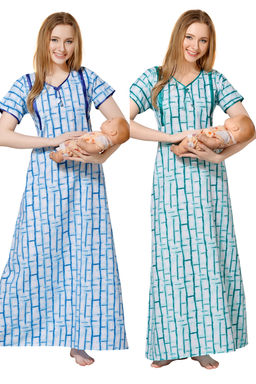 PIU - Women's Premium Cotton Feeding Nighty - Combo Pack - Blue Green (M)