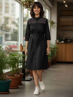 Janasya - Women's Black Embellished Shirt Dress With Belt