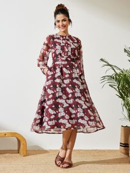 Janasya - Women's Brown Chiffon Floral Printed Dress With Belt