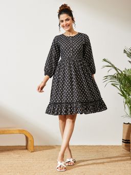 Janasya - Women's Black Pure Cotton Floral Printed A-Line Dress