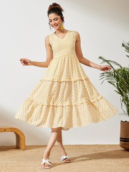 Janasya - Women's Yellow Floral Printed Dress