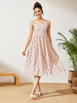 Janasya - Women's Off White Floral Printed A-Line Dress