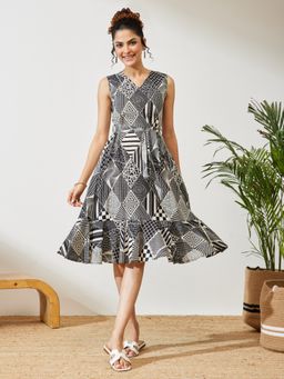 Janasya - Women's Printed A-Line Dress With Belt