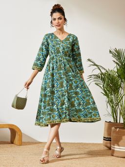 Janasya - Women's Teal Floral Printed A-Line Dress