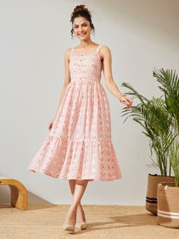 Janasya - Women's Pink Paisley Printed Fit And Flare Dress