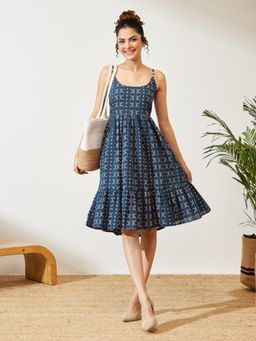Janasya - Women's Navy Blue Printed A-Line Dress