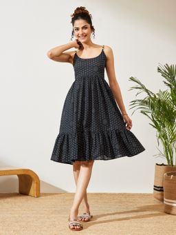 Janasya - Women's Navy Blue Floral Printed A-Line Dress