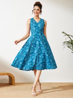 Janasya - Women's Blue Floral Printed Flared Dress