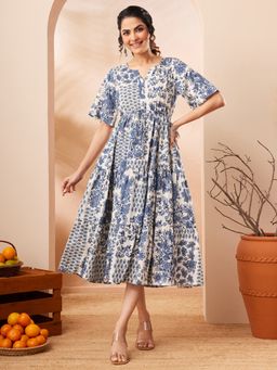 Janasya - Women's Blue Floral Printed Fit And Flare Dress