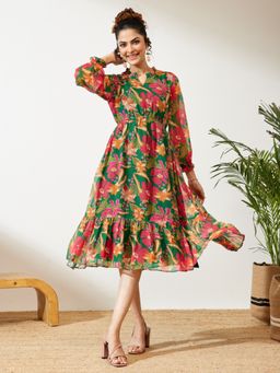 Janasya - Women's Green Floral Printed Fit And Flare Dress