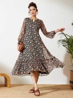 Janasya - Women's Green Chiffon Floral Printed A-Line Dress