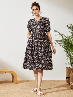 Janasya - Women's Black Pure Cotton Floral Printed Dress