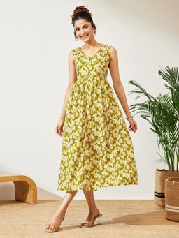Janasya - Women's Green Floral Printed A-Line Dress