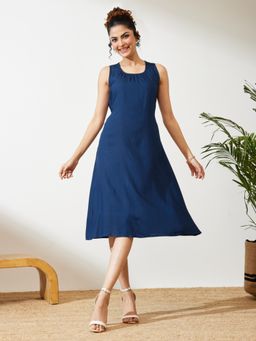 Janasya - Women's Navy Blue Rayon Solid A-Line Dress
