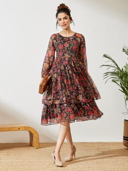 Janasya - Women's Black Floral Printed A-Line Dress