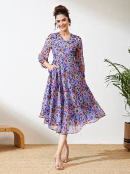 Janasya - Women's Lavender Georgette Floral Printed A-Line Dress