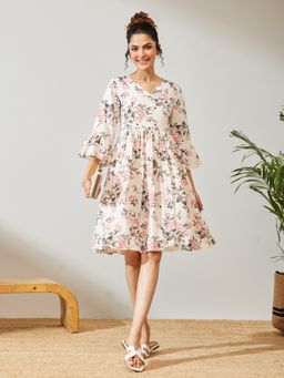 Janasya - Women's Off White Rayon Floral Printed A-Line Dress