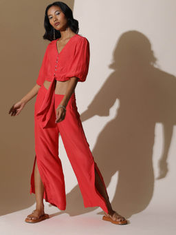 Label Ritu Kumar - V-Neck Balloon Sleeve Short Top with Pants Set (Set of 2)