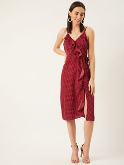 ANVI Be Yourself - Women Maroon Polka Dot Printed Wrap Dress