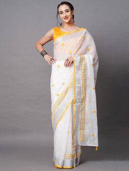 Odette - White Festive Linen Blend Embellished Saree with Unstitched Blouse