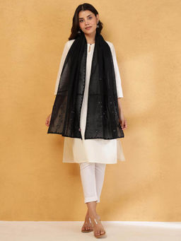 Fabindia - Black Cotton Silk Phoolpatti Stole