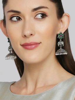 OOMPH - Jewellery Oxidised Silver Green & Red Elephant Design Jhumka Earrings
