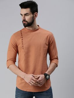 SHOWOFFFF - Men Solid Brown High Neck Kurta