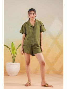 Jisora - Women's Green Solid Cotton Shirt And Shorts