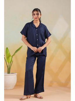 Jisora - Women's Blue Solid Cotton Shirt And Pyjama