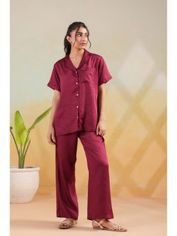 Jisora - Women's Wine Solid Cotton Shirt And Pyjama