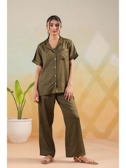 Jisora - Women's Green Solid Cotton Shirt And Pyjama