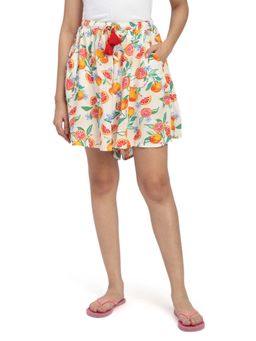 Bstories - Shorts For Women - Off White Fruit Printed Trendy Flared Lounge Shorts