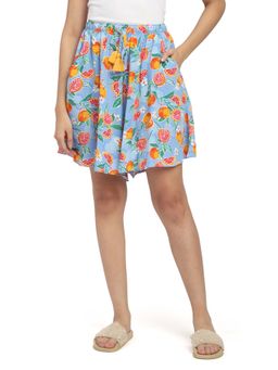 Bstories - Shorts For Women - Blue Fruit Printed Trendy Flared Lounge Shorts