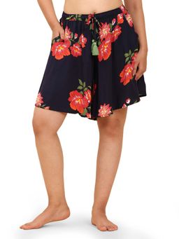 Bstories - Shorts For Women - Navy Floral Printed Trendy Flared Lounge Shorts