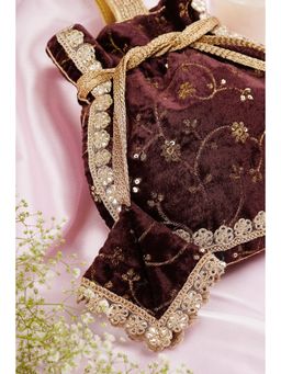 SWABHIMANN - Sayal Brown Velvet with Embroidery Potli Bag