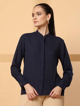 KASSUALLY - Women Blue Solid Polyester Mandarin Neck Casual Shirt