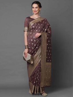 Odette - Brown Festive Silk Blend Woven Design Saree with Unstitched Blouse