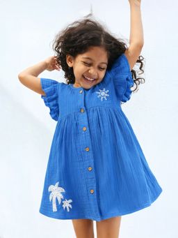 Somersault - Girls Placement Embroidery Blue Cotton Sleeveless Fit and Flare