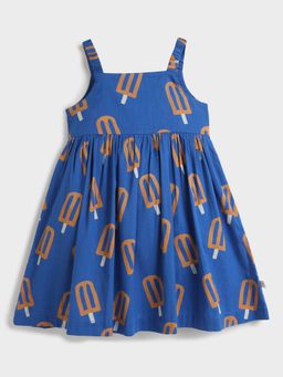 Somersault - Girls All Over Printed Blue Cotton Above Knee Dress