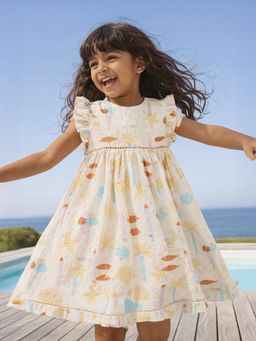 Somersault - Girls All Over Printed Off White Cotton Flared Sleeve A-Line